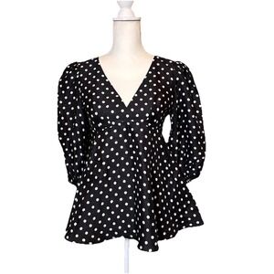 Kate Spade New York Black White Polka Dot Peplum Blouse Top Size 0 Puff Sleeve